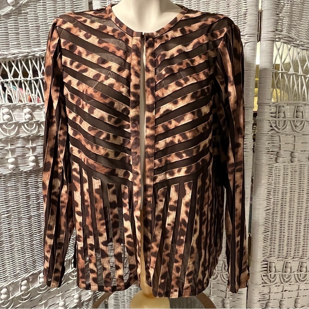 CHICOS TRAVELERS Sz 2 US L/12 Leopard Print Jacket Brown Suede Stripe Semi-Sheer